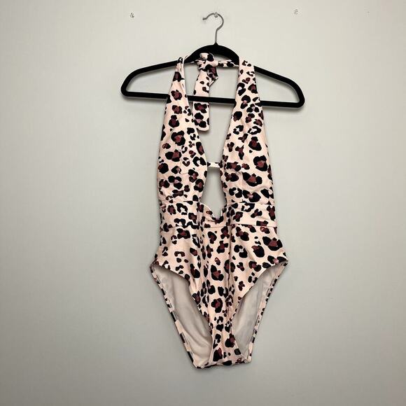Adore Me Brinlee Contour Leopard Print High Neck Tie Open Back Swimsuit Sz L - Picture 4 of 8